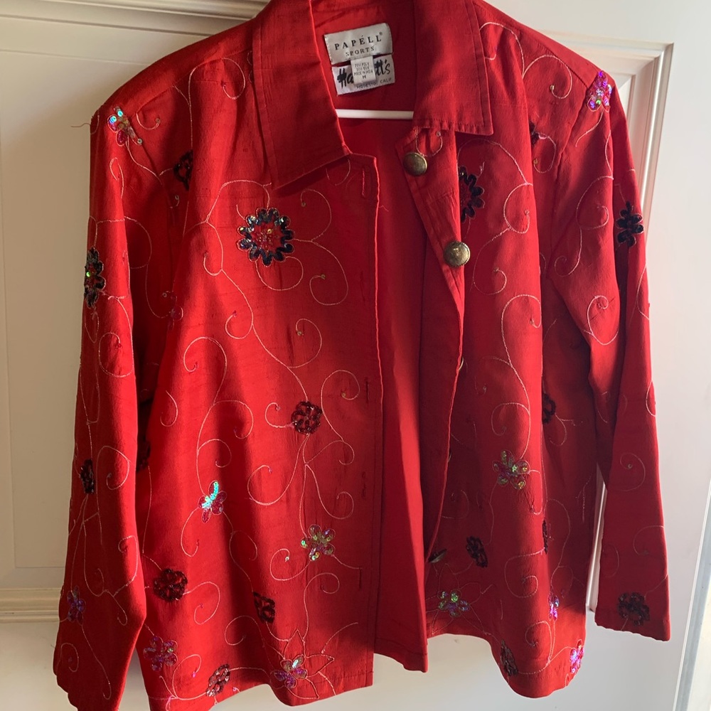 Papell Sports Red Floral Sequin Stitched Jacket